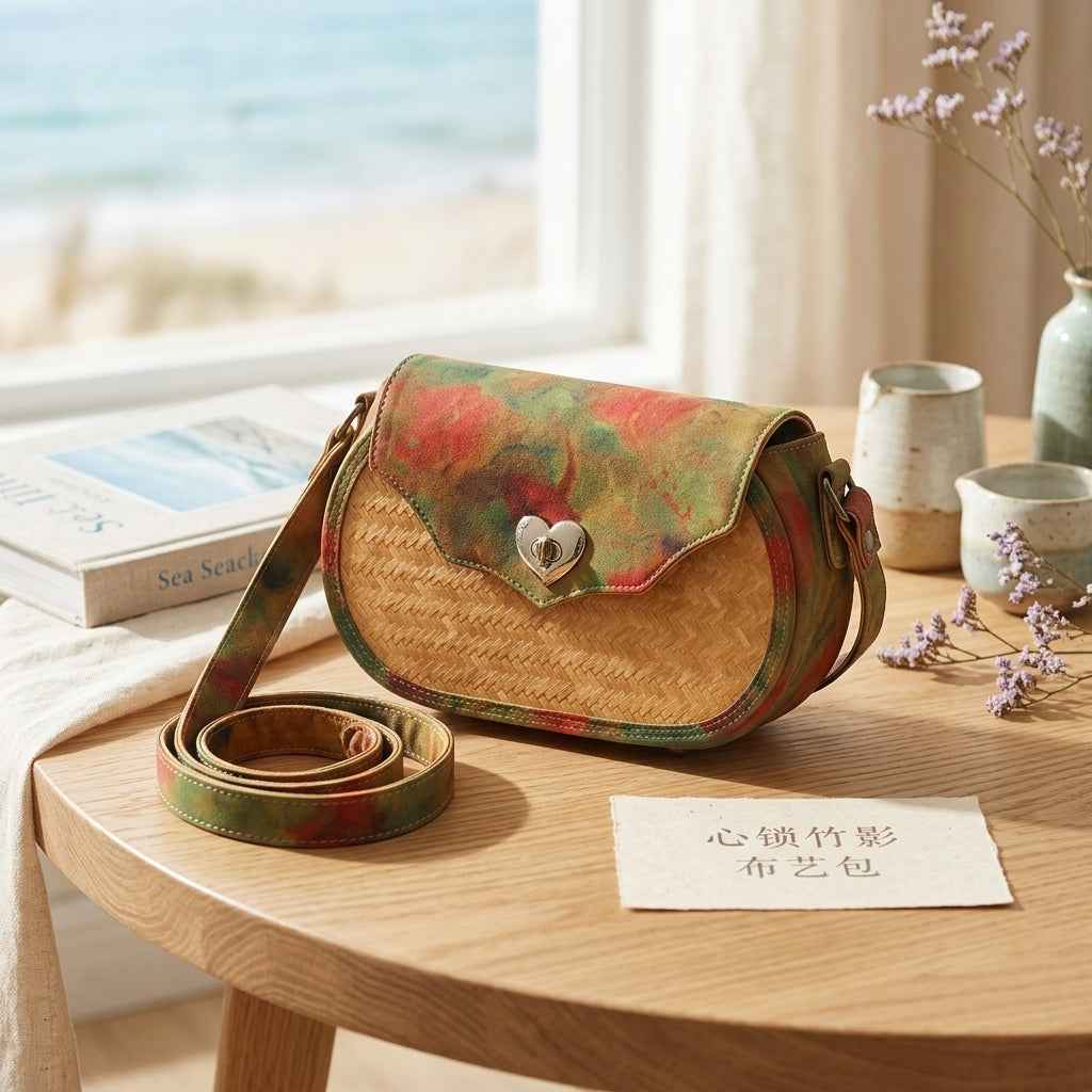 Oval Bamboo Crossbody Bag with Tie-Dye Flap & Heart Lock