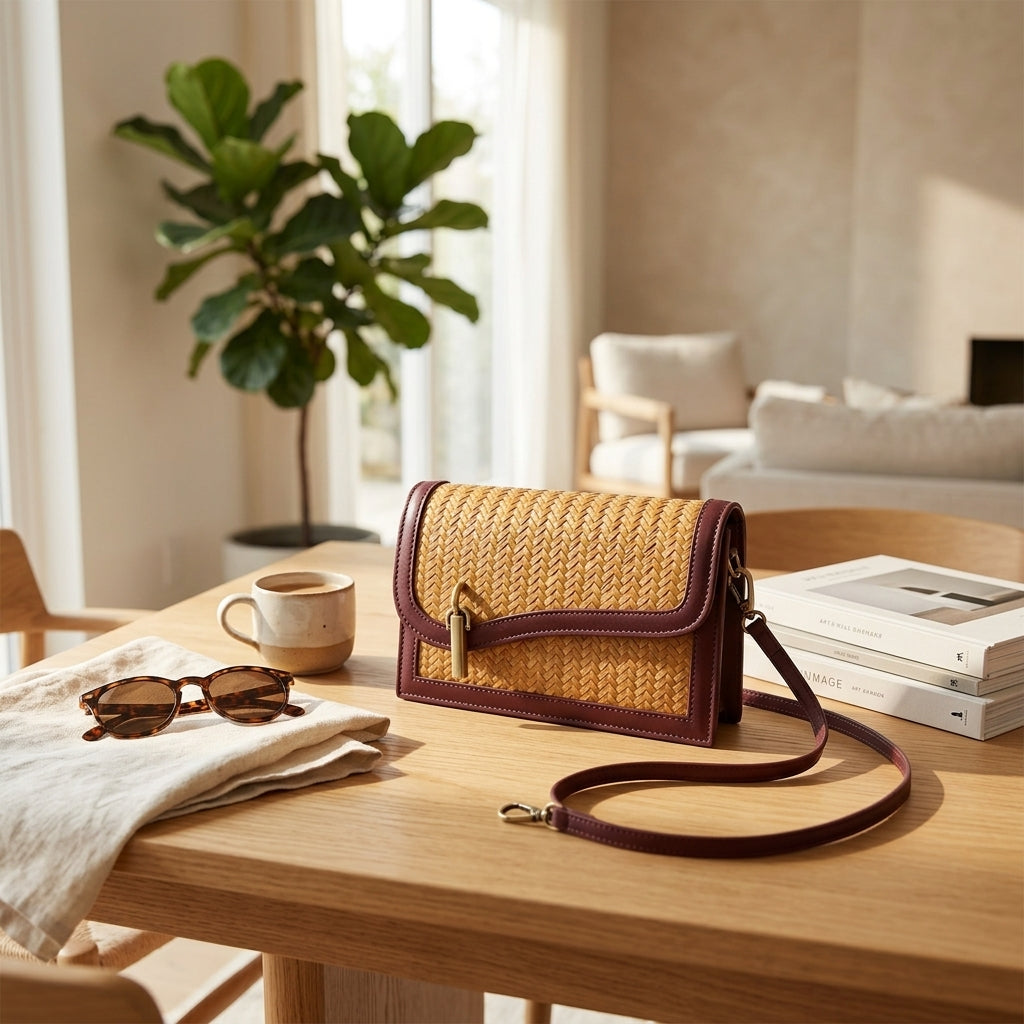Burgundy Cowhide & Bamboo Woven Phone Crossbody Bag