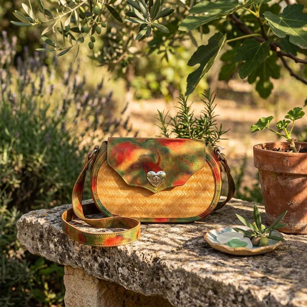 Oval Bamboo Crossbody Bag with Tie-Dye Flap & Heart Lock