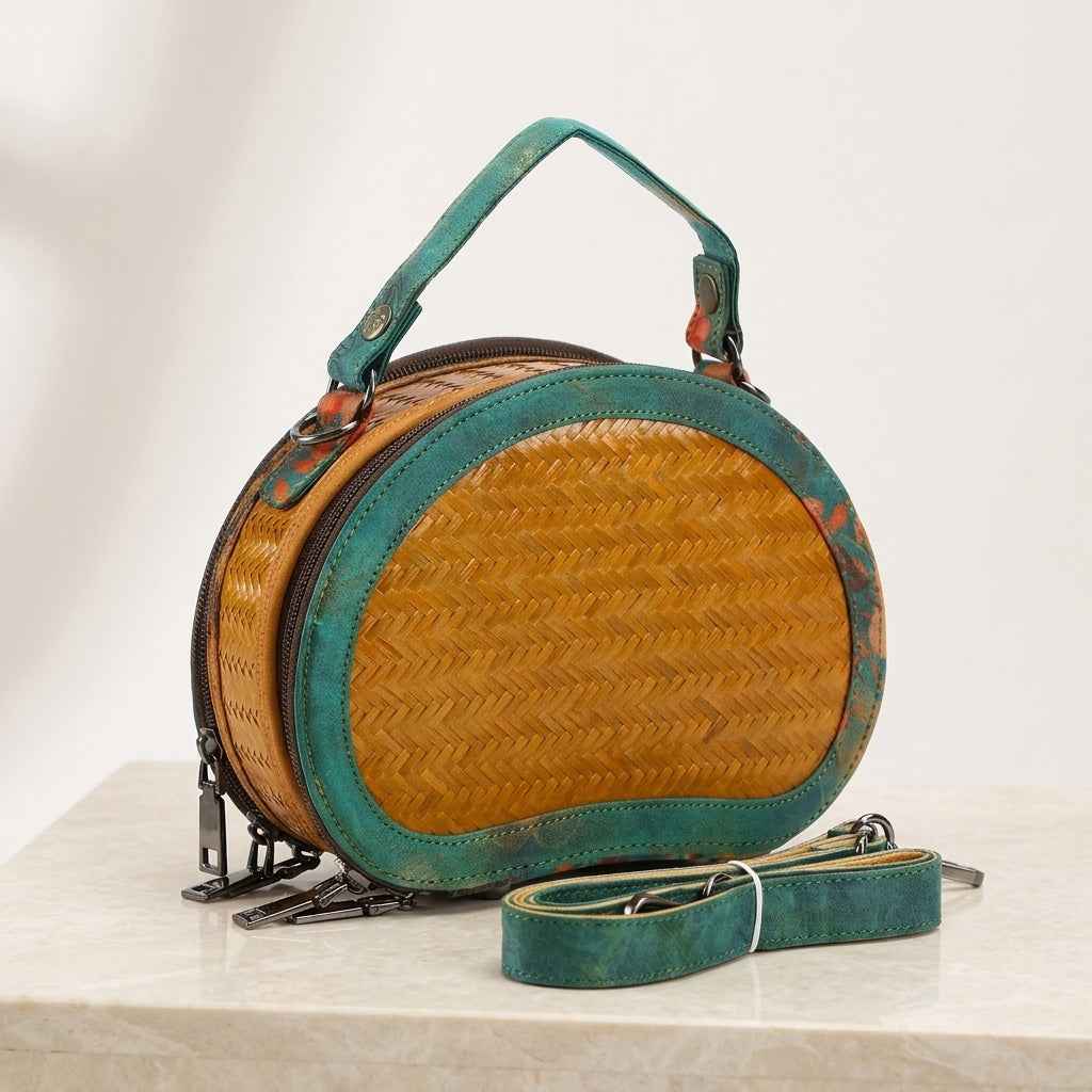 Vintage Half-Moon Bamboo Woven Crossbody Bag