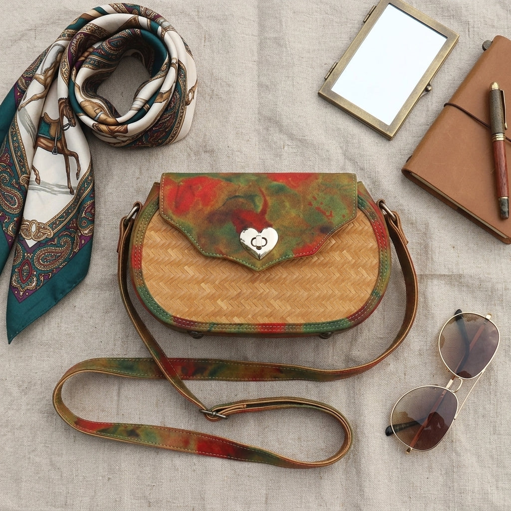 Oval Bamboo Crossbody Bag with Tie-Dye Flap & Heart Lock