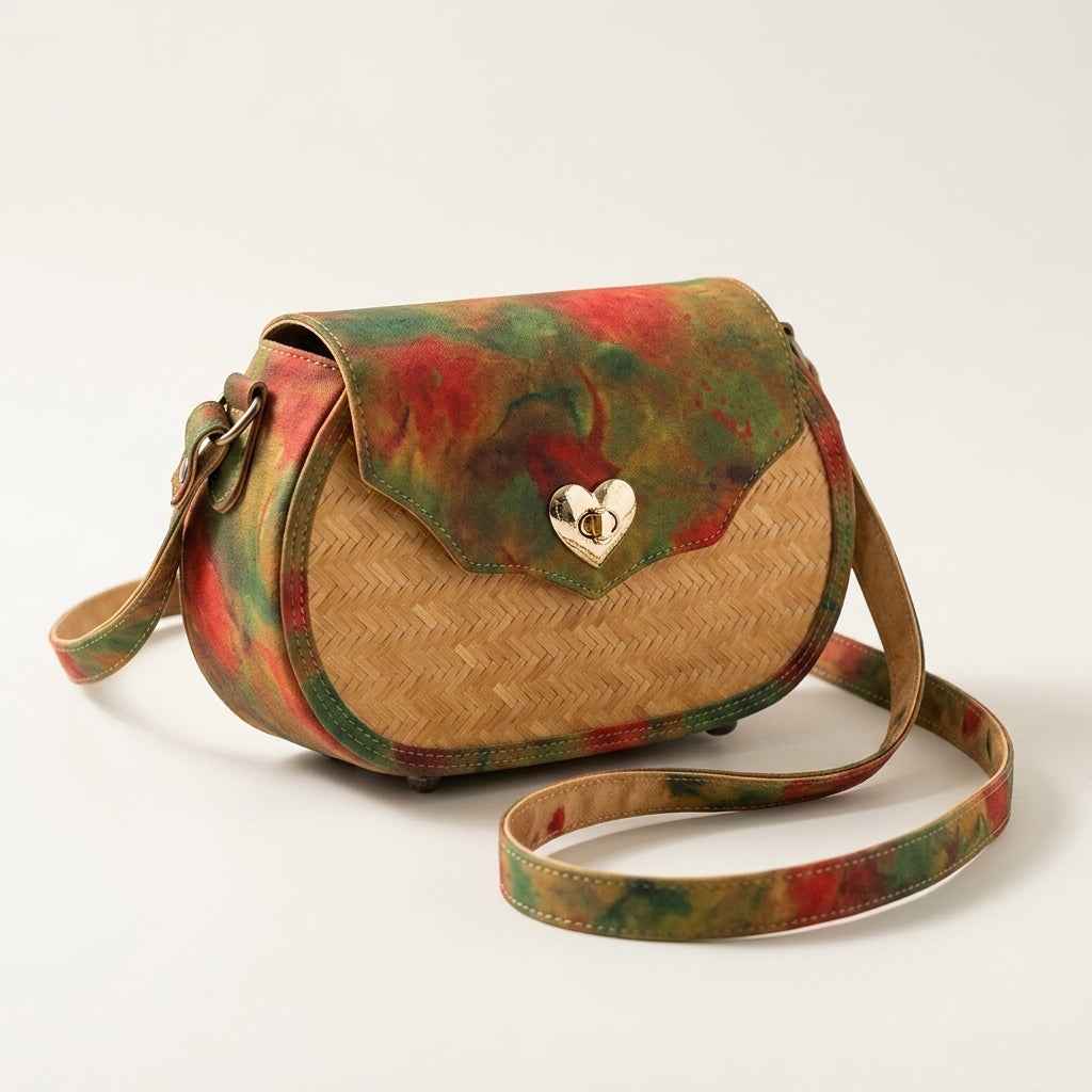 Oval Bamboo Crossbody Bag with Tie-Dye Flap & Heart Lock
