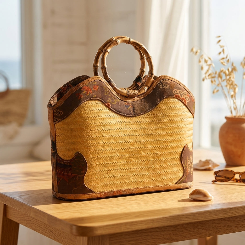 Vintage Oriental Bamboo Woven Tote with Root Handle