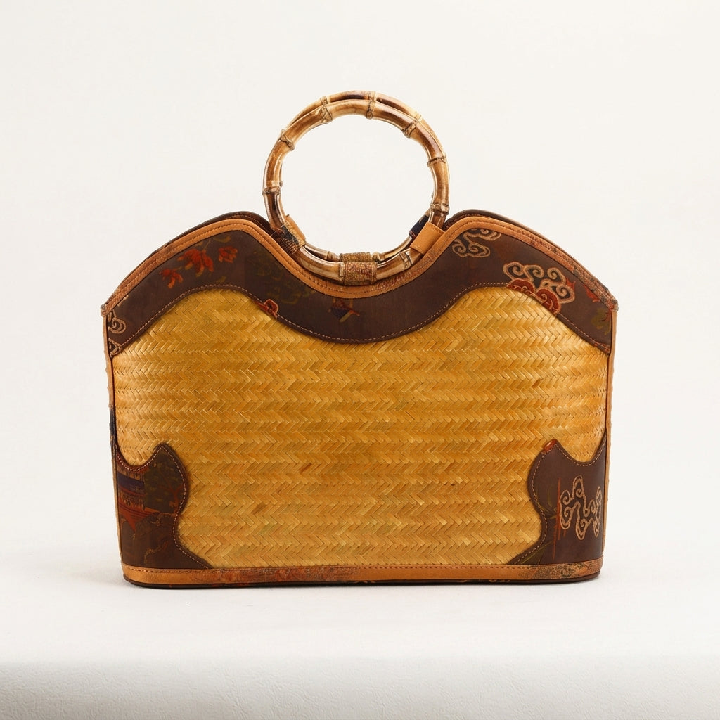 Vintage Oriental Bamboo Woven Tote with Root Handle