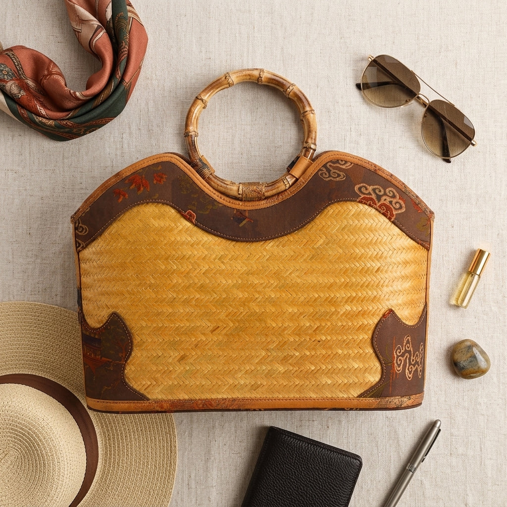 Vintage Oriental Bamboo Woven Tote with Root Handle