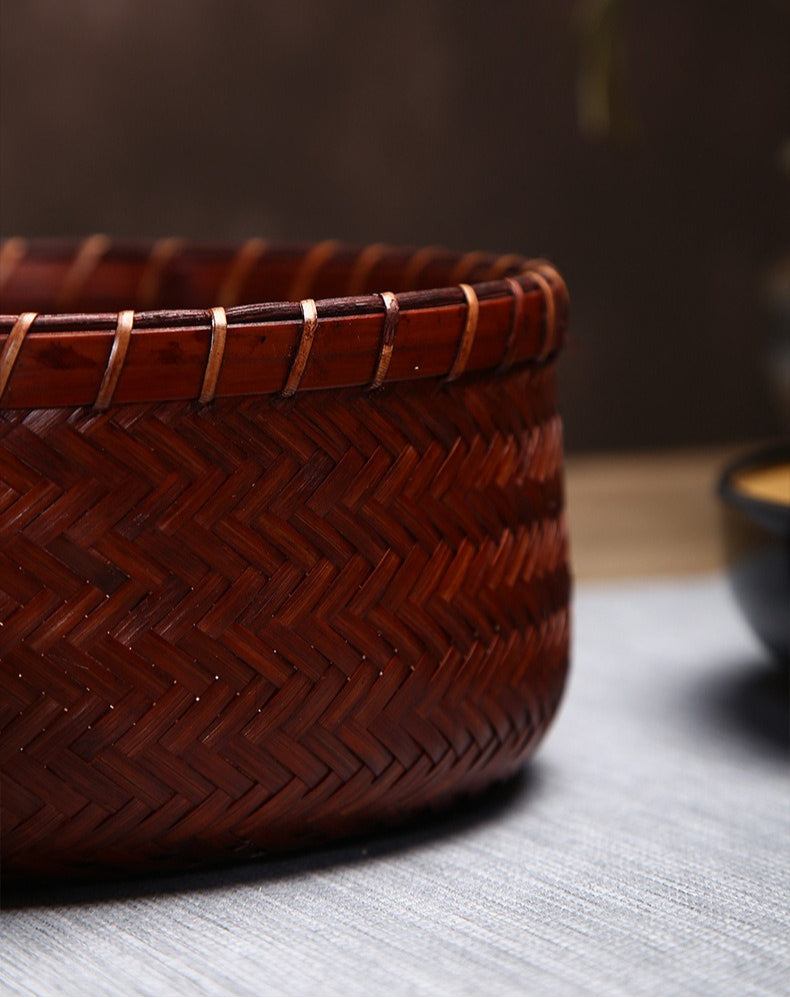 Vintage Round Bamboo Woven Serving Tray Fruit Basket Set