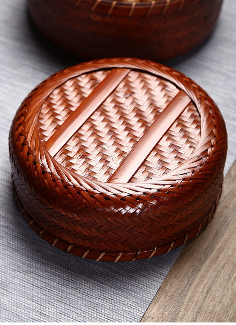 Vintage Round Bamboo Woven Serving Tray Fruit Basket Set