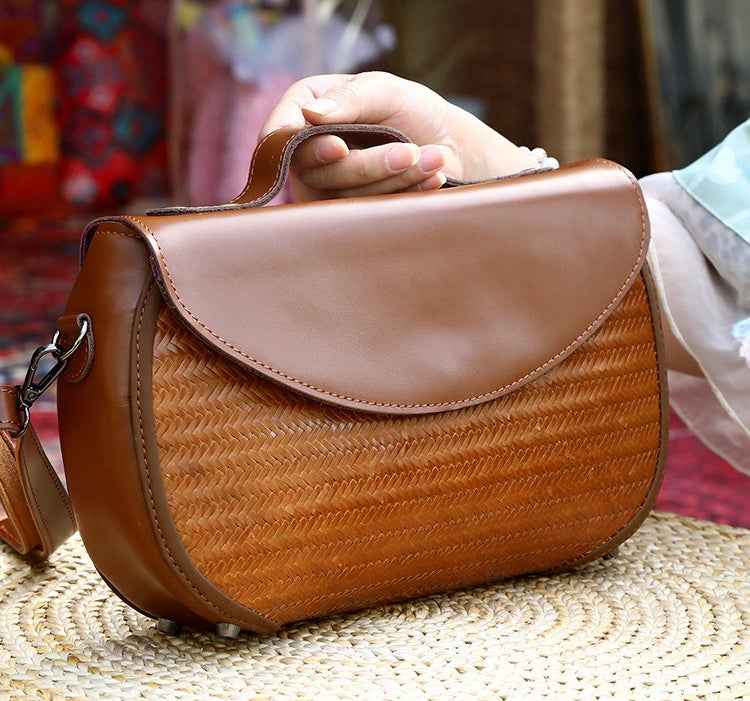 Saddle Bag with Brown Cowhide and Bamboo Weave Handheld