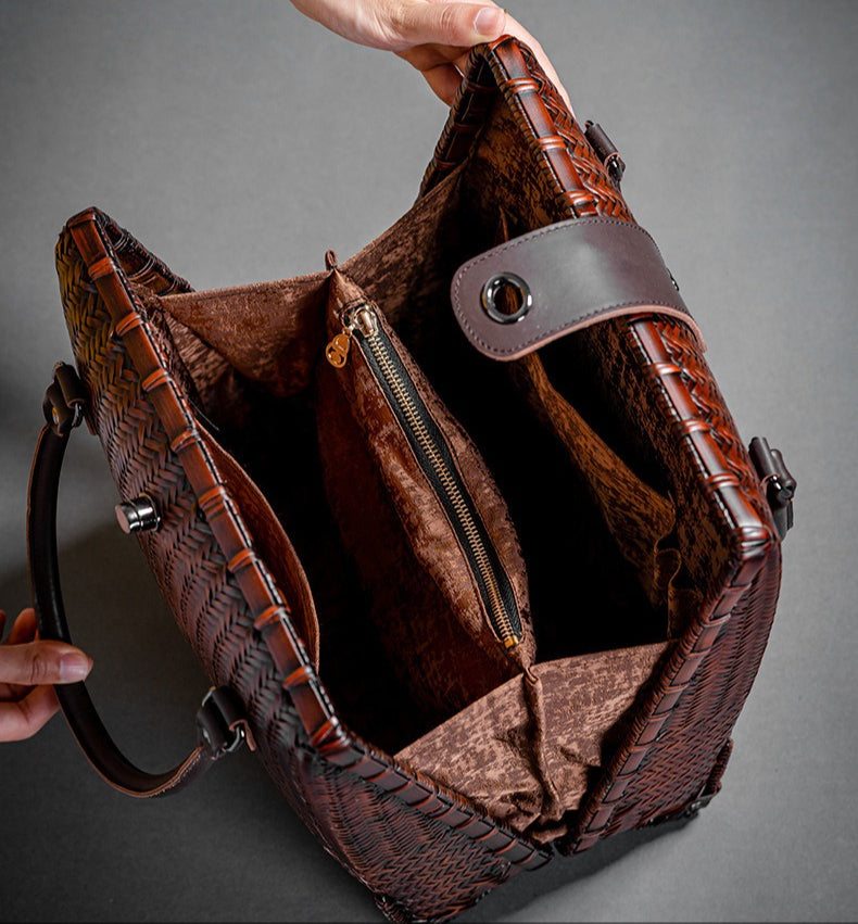 Handwoven Bamboo Half Moon Top Handle Bag - Vintage Woven Purse