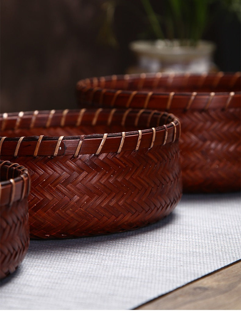 Vintage Round Bamboo Woven Serving Tray Fruit Basket Set
