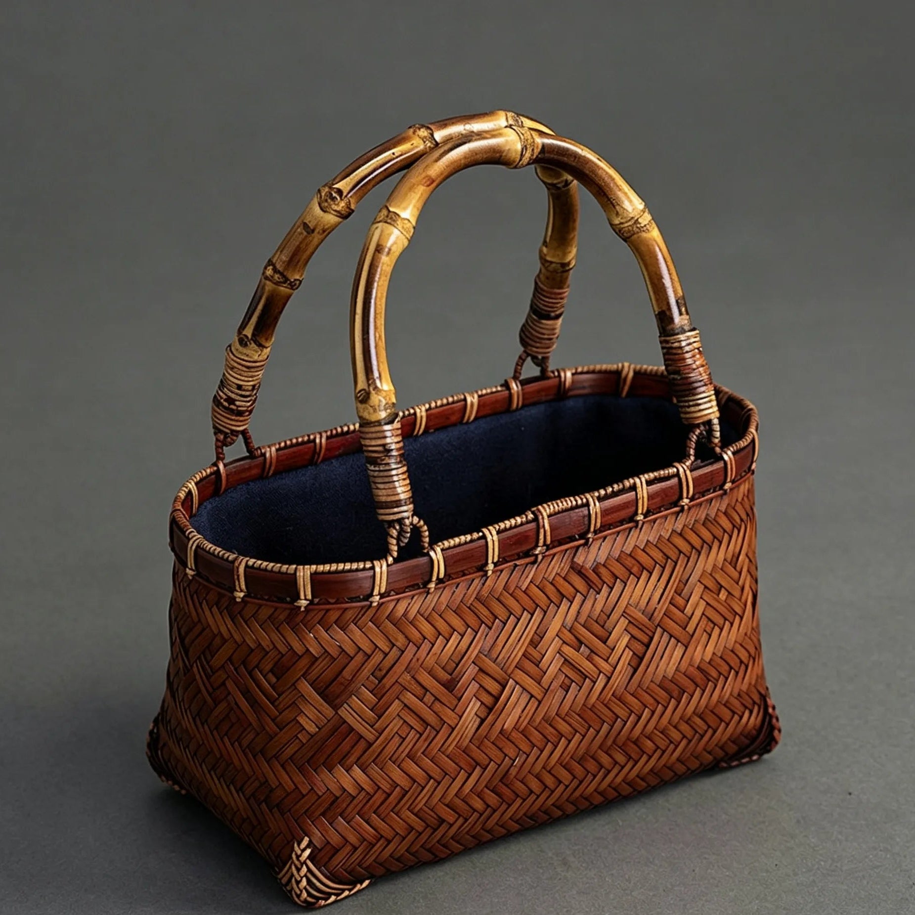 Handcrafted Mini Woven Bamboo Tote Bag with Natural Bamboo Joint Handle Vintage Holiday Basket Purse for Women