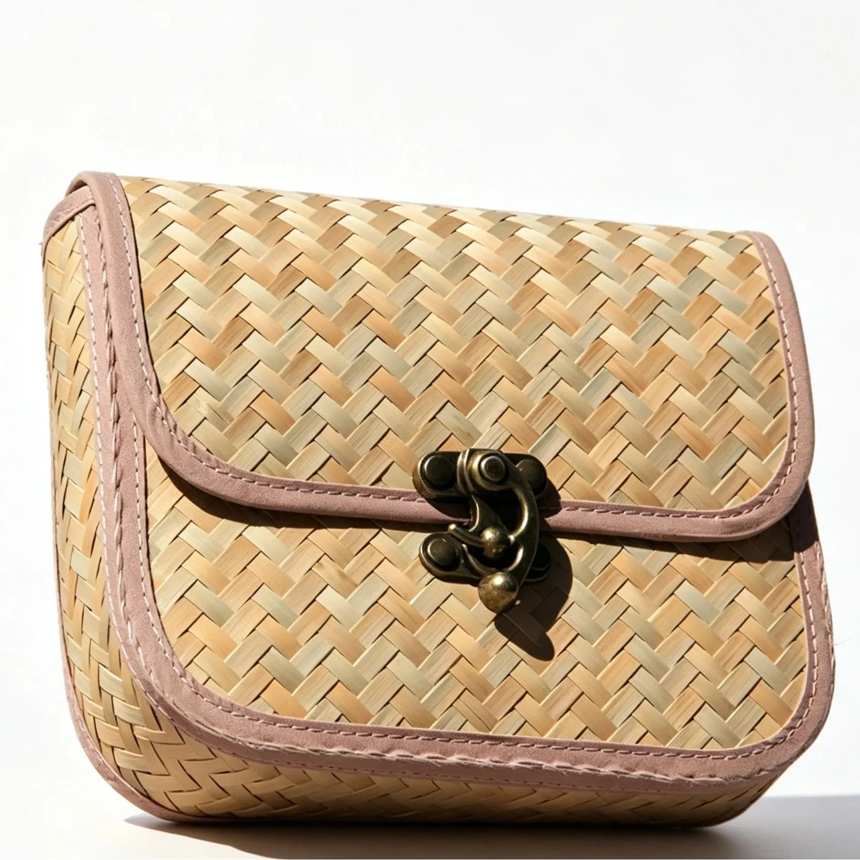 Handcrafted Mini Bamboo Weave Crossbody Bag Vintage Saddle Purse with Lock Closure