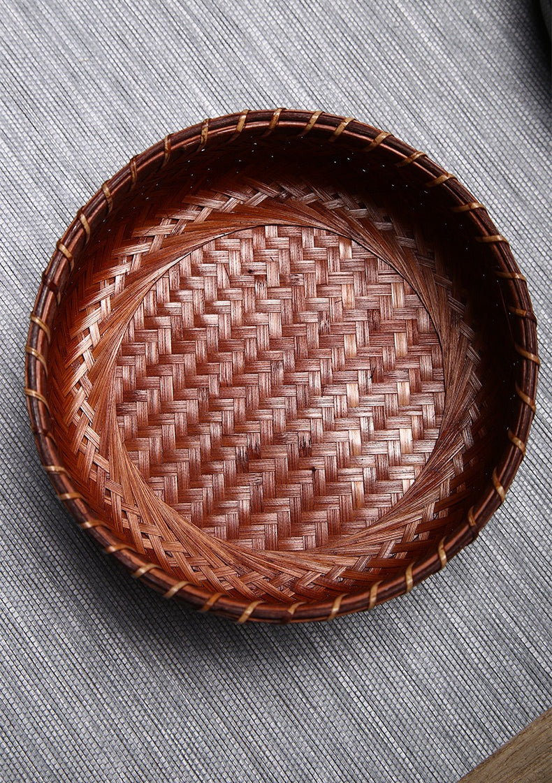 Vintage Round Bamboo Woven Serving Tray Fruit Basket Set