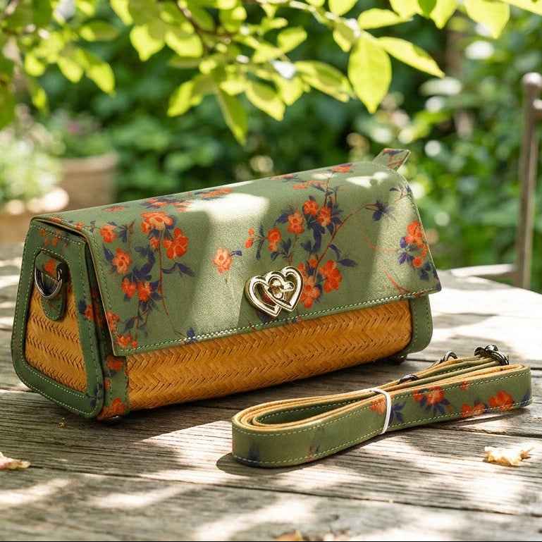 Verdant Bind | Cottagecore Floral Bamboo Bag with Heart Clasp