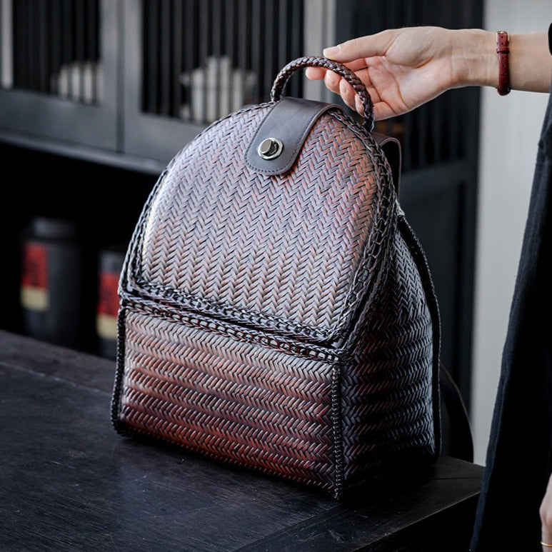 Handwoven Bamboo Backpack for Women - Natural Woven Rucksack
