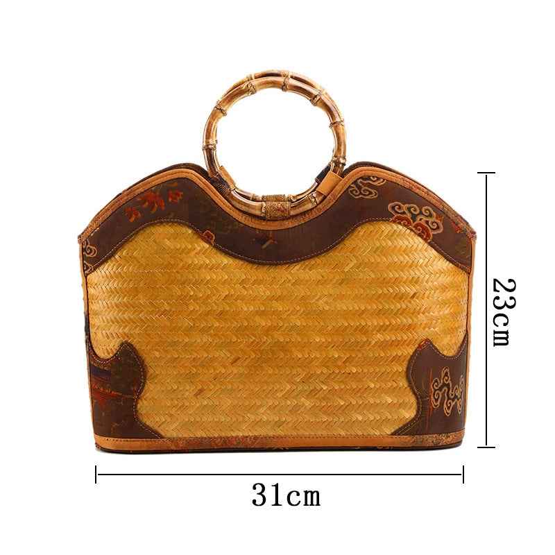 Vintage Oriental Bamboo Woven Tote with Root Handle