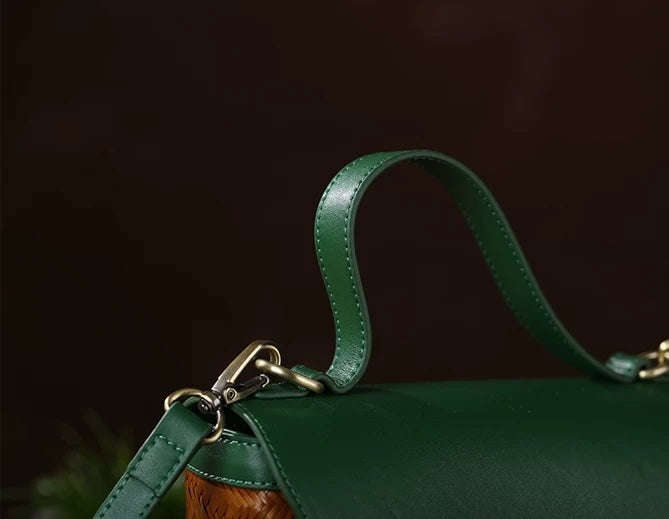 Forest Green Cowhide & Wave Woven Bamboo Satchel Bag
