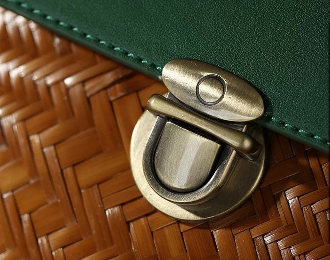 Forest Green Cowhide & Wave Woven Bamboo Satchel Bag