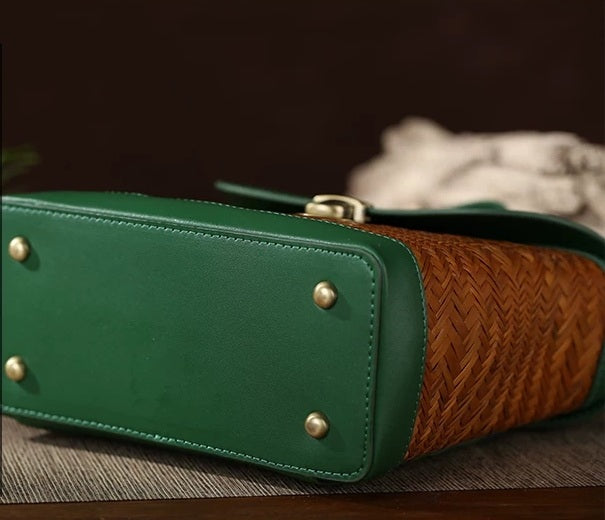 Forest Green Cowhide & Wave Woven Bamboo Satchel Bag