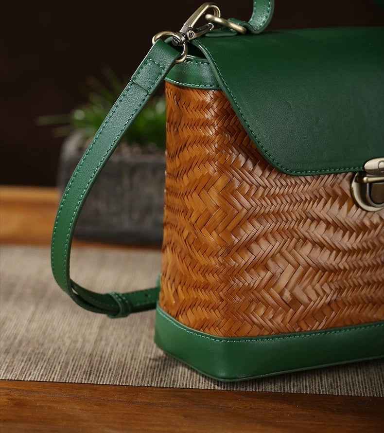 Forest Green Cowhide & Wave Woven Bamboo Satchel Bag