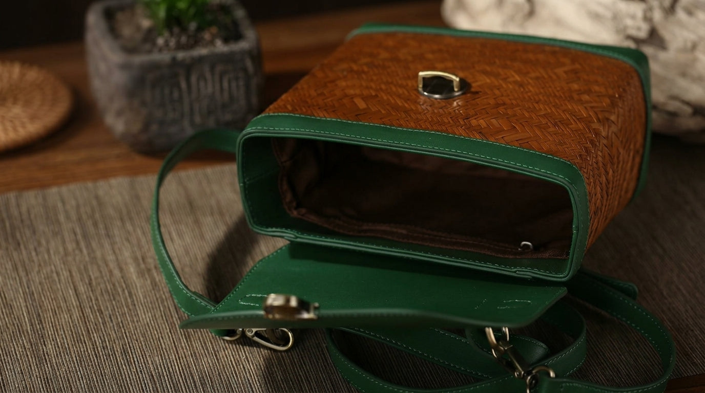 Forest Green Cowhide & Wave Woven Bamboo Satchel Bag