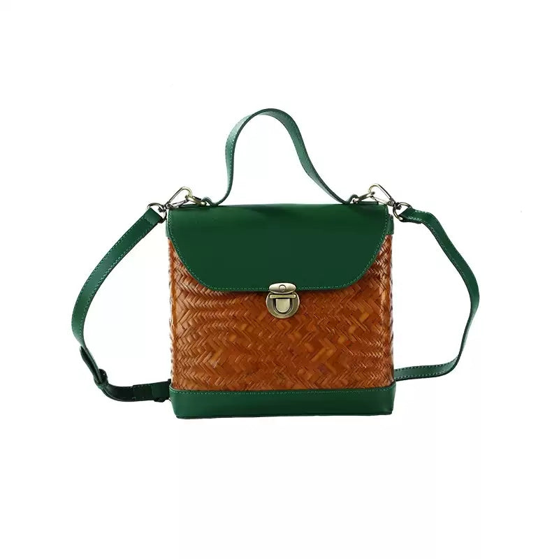 Forest Green Cowhide & Wave Woven Bamboo Satchel Bag